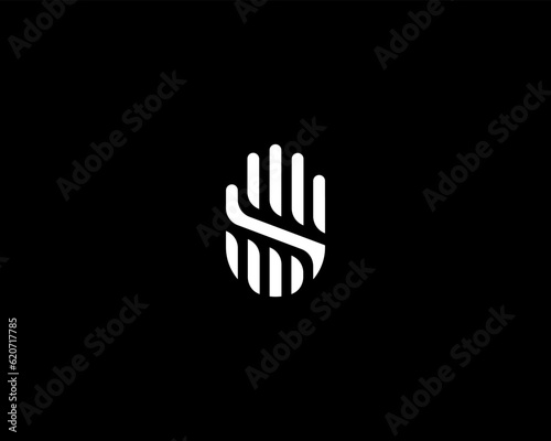 Abstract hand palm logo design template. Minimalistic gesture no stop sign symbol. Black and white symbol. Vector illustration.
