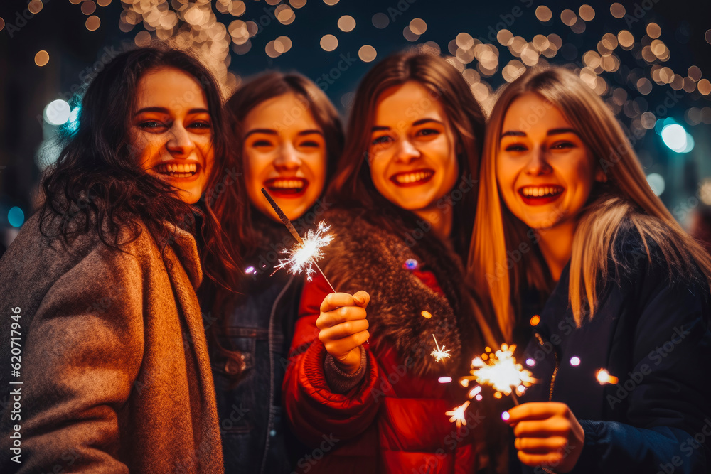 Happy friends with sparklers at a fair at Christmas. Christmas market and shopping concept. Fairy lights and snow. Generative AI