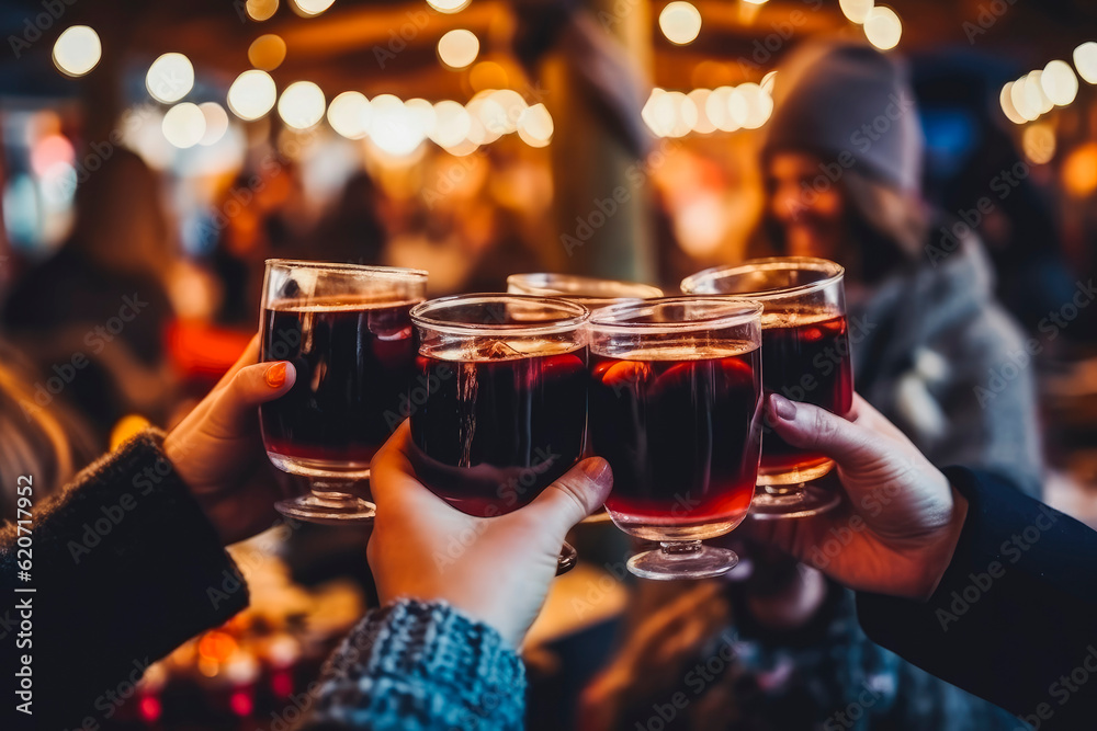 Mulled wine at christmas market with friends. Christmas market and shopping concept. Fairy lights and snow. Generative AI