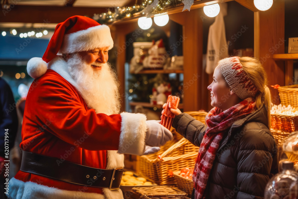 Santa visit at Christmas market. Smiling santa at holiday fair. Generative AI
