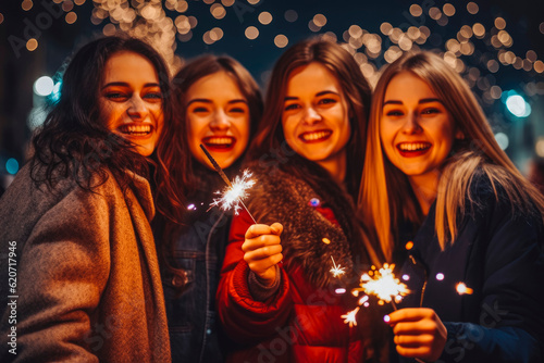 Happy friends with sparklers at a fair at Christmas. Christmas market and shopping concept. Fairy lights and snow. Generative AI