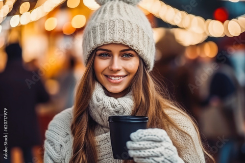 Beautiful woman with a cup hot drink, tea or coffee or mulled wine at Christmas market. Generative AI © VisualProduction