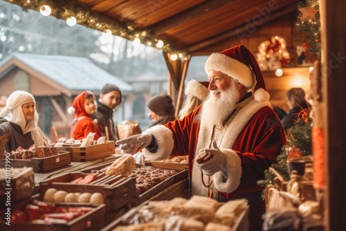 Santa visit at Christmas market. Smiling santa at holiday fair. Generative AI