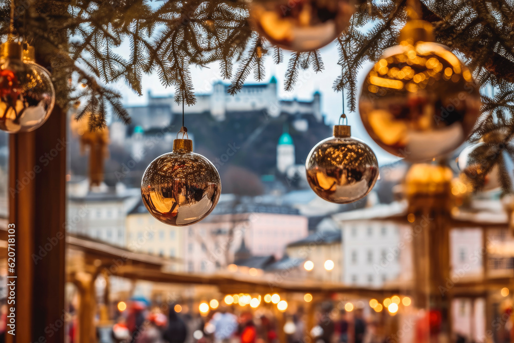 Fototapeta premium Salzburg Christmas market seen through a christmas tree. Christmas market and shopping concept. Generative AI