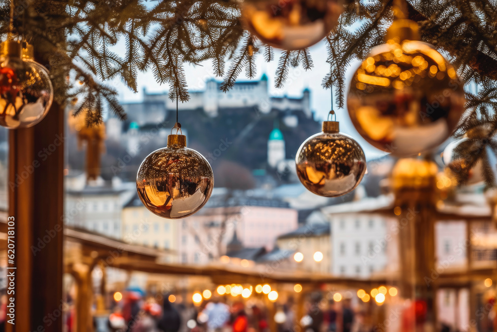Salzburg Christmas market seen through a christmas tree. Christmas market and shopping concept. Generative AI
