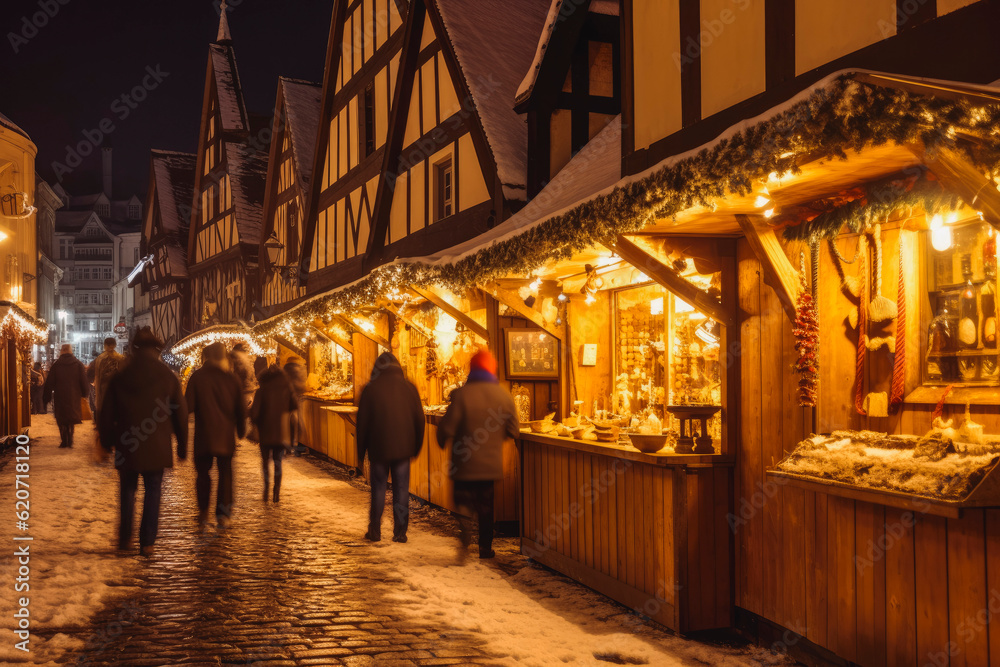 Christmas market and shopping concept. Fairy lights and snow. Generative AI