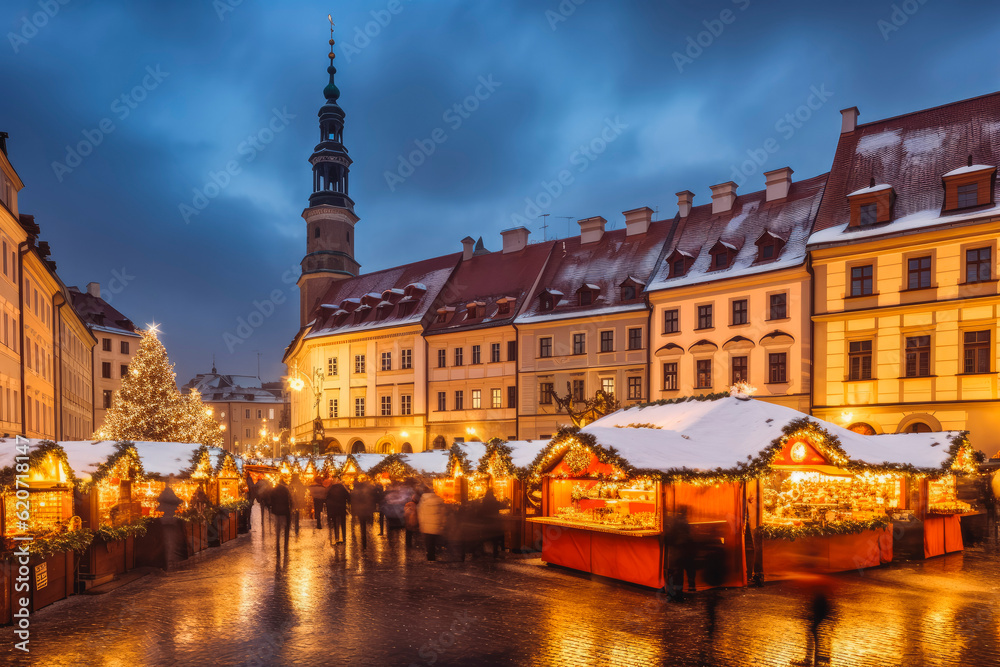 Christmas at old town hall square. Christmas market and shopping concept. Fairy lights and snow. Generative AI