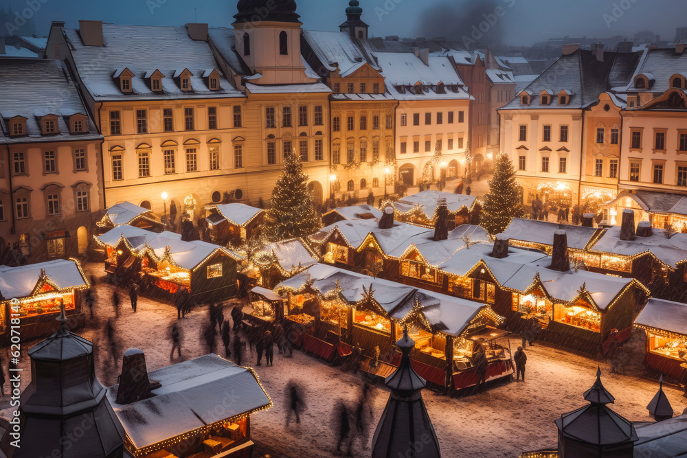 Obraz premium Christmas at old town hall square. Christmas market and shopping concept. Fairy lights and snow. Generative AI