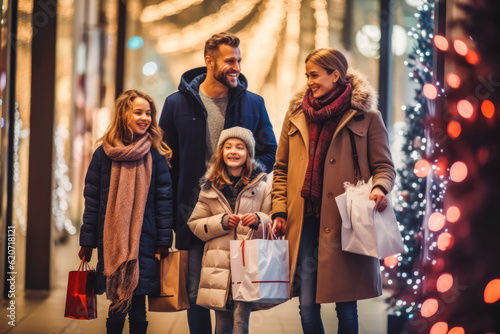Family shopping for Christmas presents. Happy family with gifts. Christmas spirit and joy. Generative AI