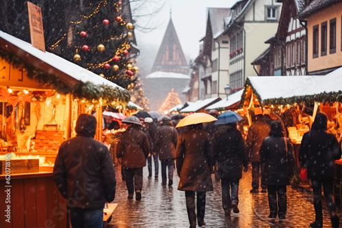 Christmas at old town hall square shopping. Christmas market and shopping concept. Fairy lights and snow. Generative AI