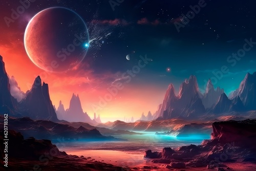 Fantastic landscape of an alien planet with rocks and lightning flying. Alien planet surface illustration for computer game. Generated AI