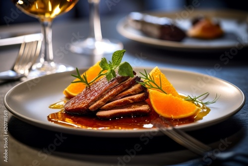 Fényképezés Duck à l'Orange served on a white plate with orange slices and a garnish