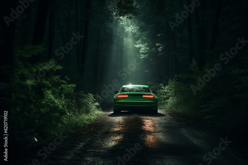 A green car drives through a forest at night towards a green light at the end of the road. A road runs through the center of the image. Generative AI © Mason