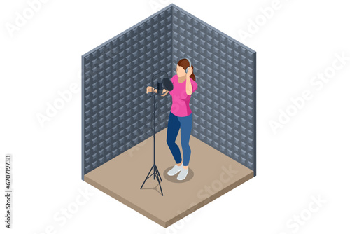 Isometric Music Recording Studio. Studio microphone. Soundproof wall in sound studio Woman singing into a condenser microphone