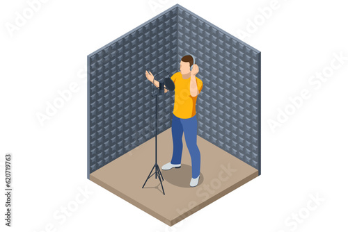 Isometric Music Recording Studio. Studio microphone. Soundproof wall in sound studio Man singing into a condenser microphone