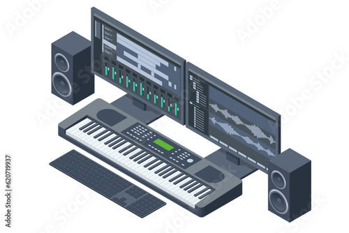 Isometric Music Recording Studio. Home music studio dj and producer equipment