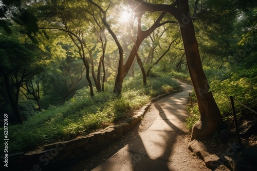 Sunrays shining through trees in a park with a path leading uphill. Generative AI © Natalya