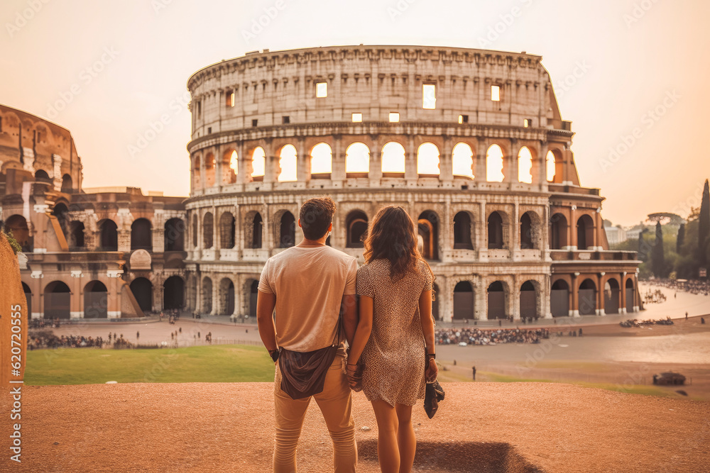 Tourist couple traveling in Rome with beautiful Colosseum surrounding them in background. Generative AI