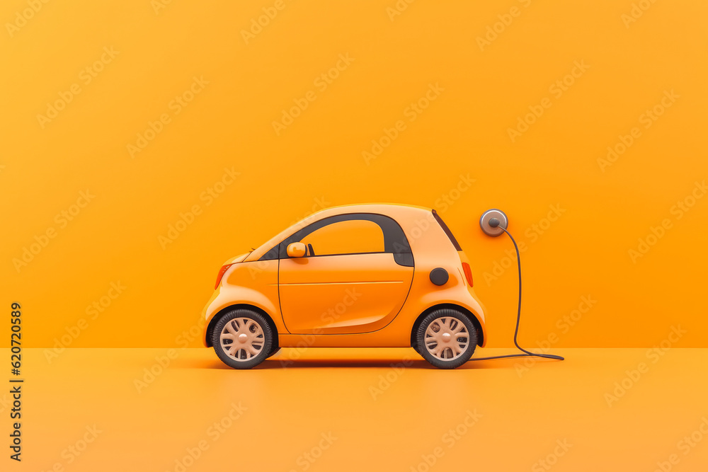 Orange electric car charging on charging station with all orange background. Generative AI Orange electric car charging on charging station with all orange background. Generative AI