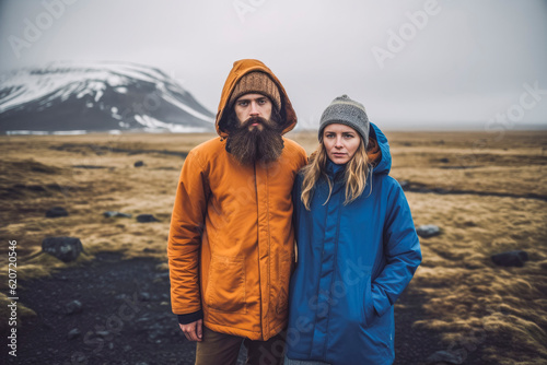 Tourist couple traveling Iceland with beautiful nature surrounding them in background. Generative AI