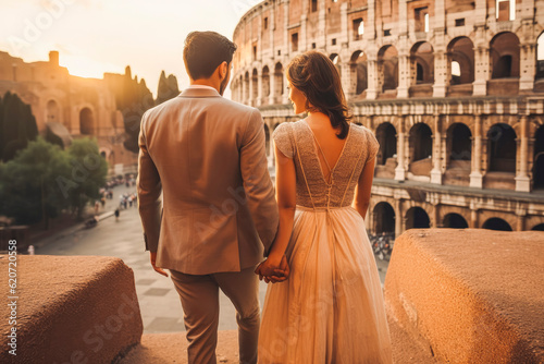 Tourist couple traveling in Rome with beautiful Colosseum surrounding them in background. Generative AI