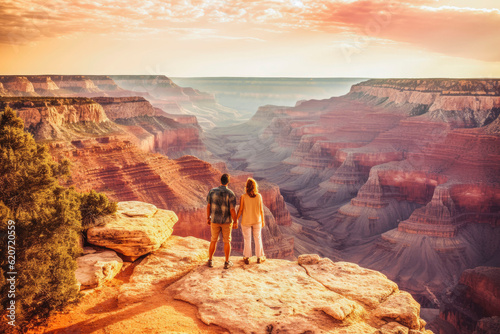 Tourist couple traveling grand canyon with beautiful view surrounding them in background. Generative AI