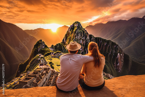 Tourist couple traveling in Machu Picchu with beautiful nature and sunset in background. Generative AI