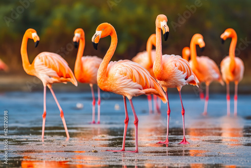 Group of flamingo birds gathering in natural habitat  beautiful animals in wild. Generative AI