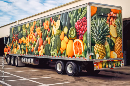 Close up of refrigerated truck decorated with photos of fresh fruit and vegetables. Generative AI © VisualProduction