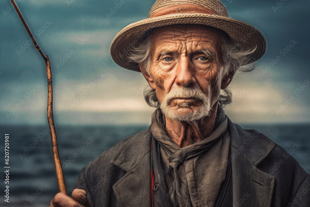 Elderly handsome looking man standing by the sea with hat, fishing man. Generative AI Elderly handsome looking man standing by the sea with hat, fishing man. Generative AI