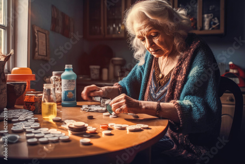 Elderly woman taking pills in the morning, medical treatment, staying healthy. Generative AI