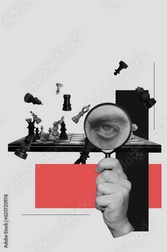 Collage with chess and hand holding magnifying glass