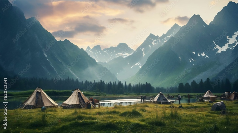 Camping scene: Tents arranged on meadow near mountains