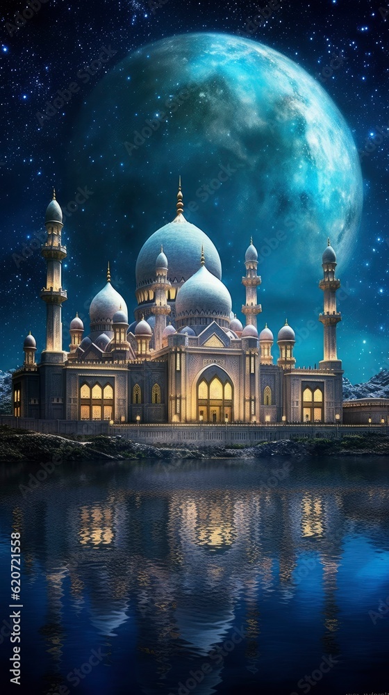 Mosque background with crescent, stars and glowing clouds. Month of Ramadan is that in which was revealed Quran. Mixed media image