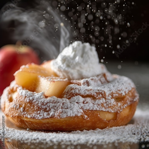 Chausson aux Pommes with powdered sugar on top and a side of whipped cream