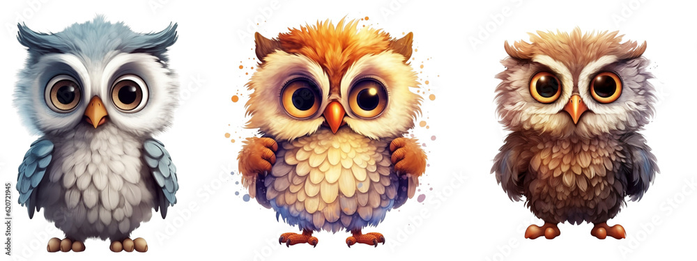 Fototapeta premium Clipart set Enchanting cartoon Owl Illustrations isolated on transparent background, generative ai