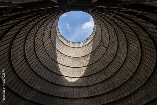 View from inside of top cooling tower hole of an abandoned power plant