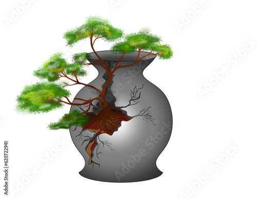 bonsai plant in broken ceramic jar vase on white background