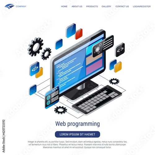 Web programming, program coding, software development 3d isometric vector concept illustration