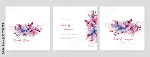 Bright wedding invitation template set with floral frame Premium Vector