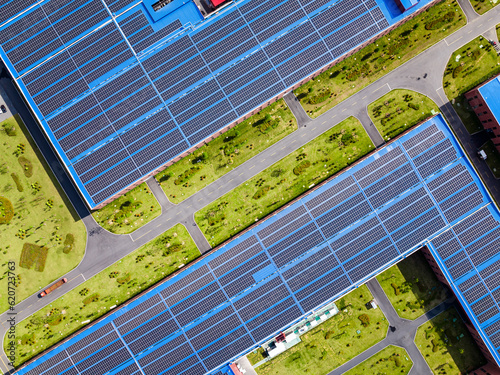 Aerial view of solar energy panels on the roof  photo