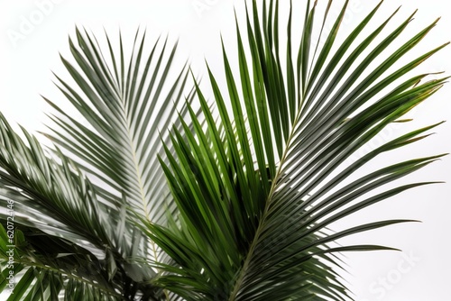 Tropical foliage of coconut palm on white bg. Generative AI