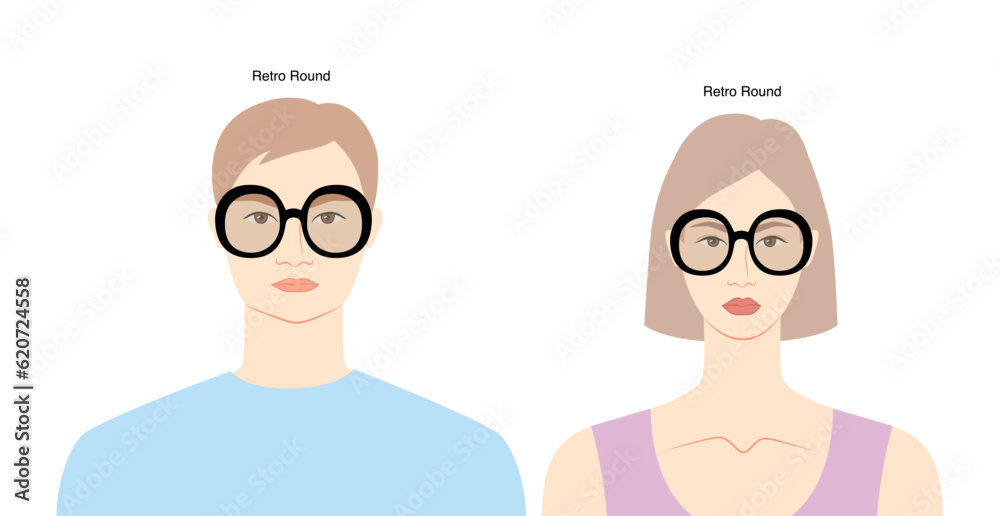 Retro Round frame glasses on women and men flat character fashion accessory illustration. Sunglass front view unisex silhouette style, rim spectacles eyeglasses, sketch style outline isolated on white Retro Round frame glasses on women and men flat character fashion accessory illustration. Sunglass front view unisex silhouette style, rim spectacles eyeglasses, sketch style outline isolated on white