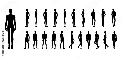 Silhouette and men set body standing and walking fashion Illustration. Flat male and female character collection front, back, side view boy. Human slim Gentlemen infographic template