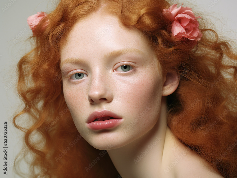 Close-up portrait of beautiful young redhead woman with flowers Close-up portrait of beautiful young redhead woman with flowers