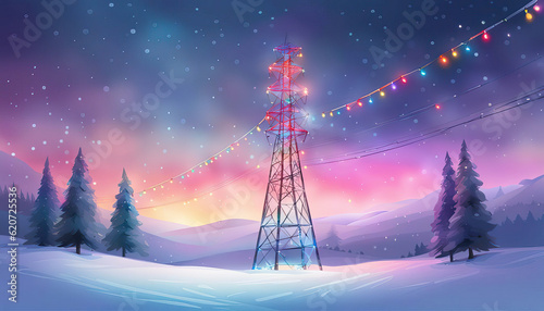 Christmas pylon in a winter landscape Digital Art photo