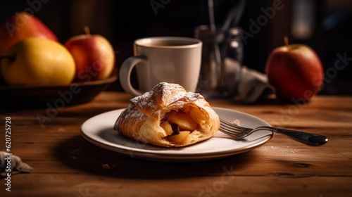 Chausson aux Pommes on a rustic wooden table with an espresso and a spoon