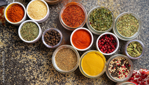 Fresh spices and herbs for food. Colorful condiments as background, top view. lot seasonings in cups, on table © Uuganbayar