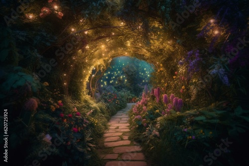 Enchanted garden with luminous arc as hidden entrance. Generative AI
