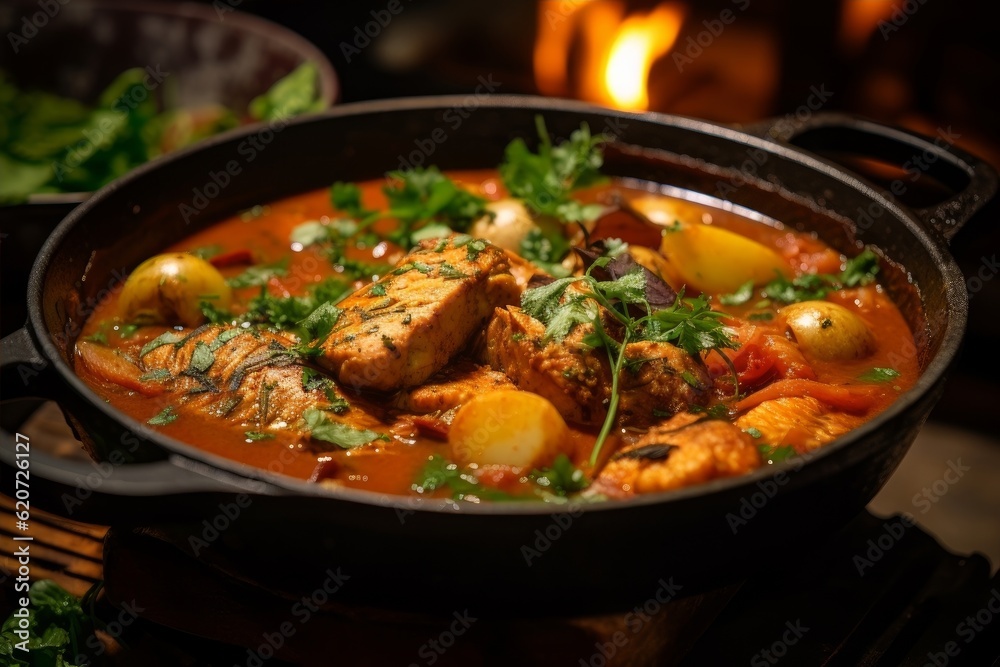 Matelote showing the richly cooked fish stew with potatoes and carrots